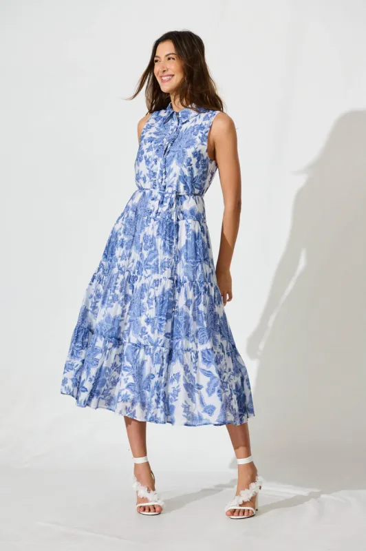 Claremont Midi Dress In White With Blue Print Cotton Blend sold by St Frock