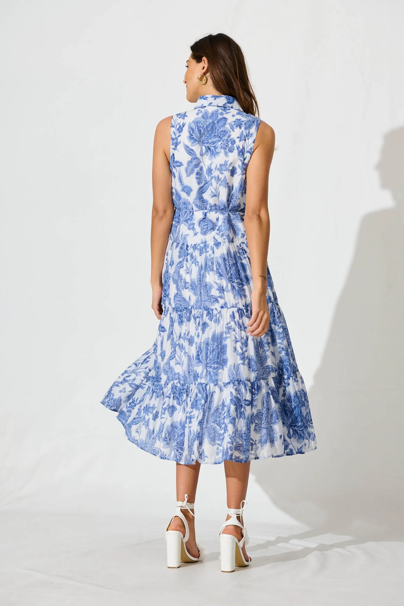 Claremont Midi Dress In White With Blue Print Cotton Blend sold by St Frock product image thumbnail 4