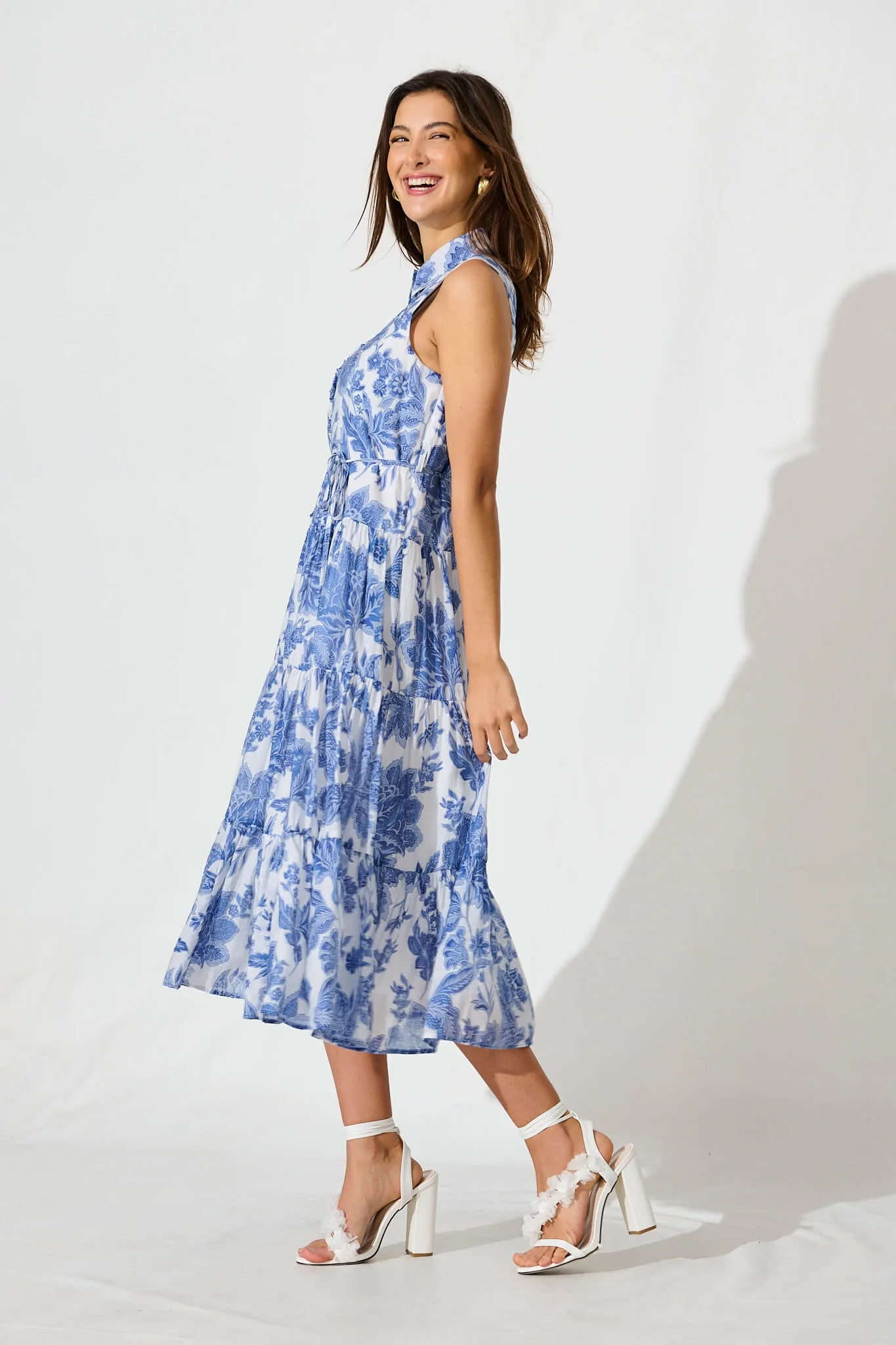 Claremont Midi Dress In White With Blue Print Cotton Blend sold by St Frock product image thumbnail 3