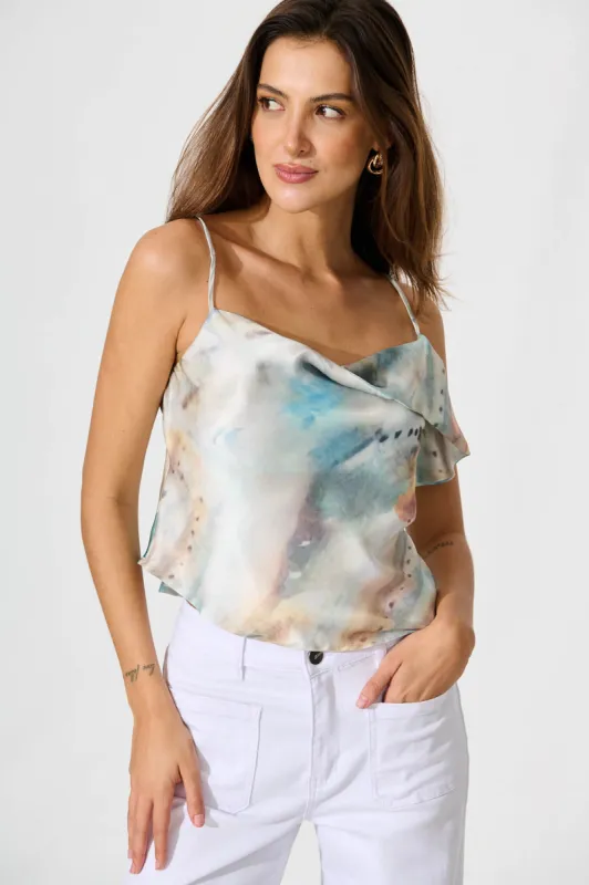 Astra Cami Top In Green Multi Watercolour Satin sold by St Frock