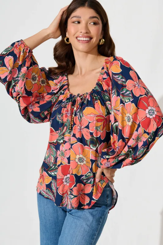 Marion Top In Navy With Rust Floral sold by St Frock