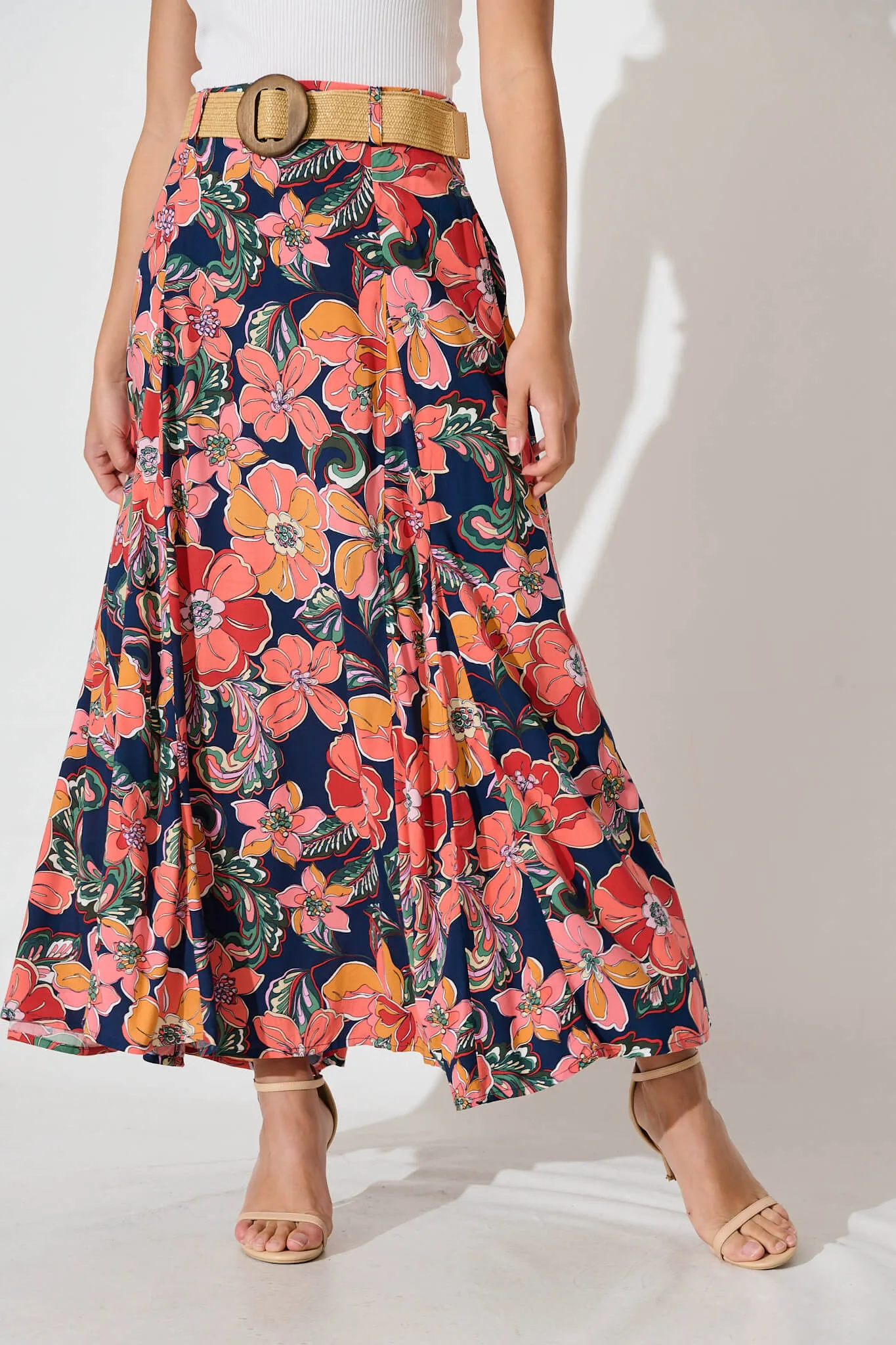 Amadore Midi Skirt In Navy With Rust Floral sold by St Frock