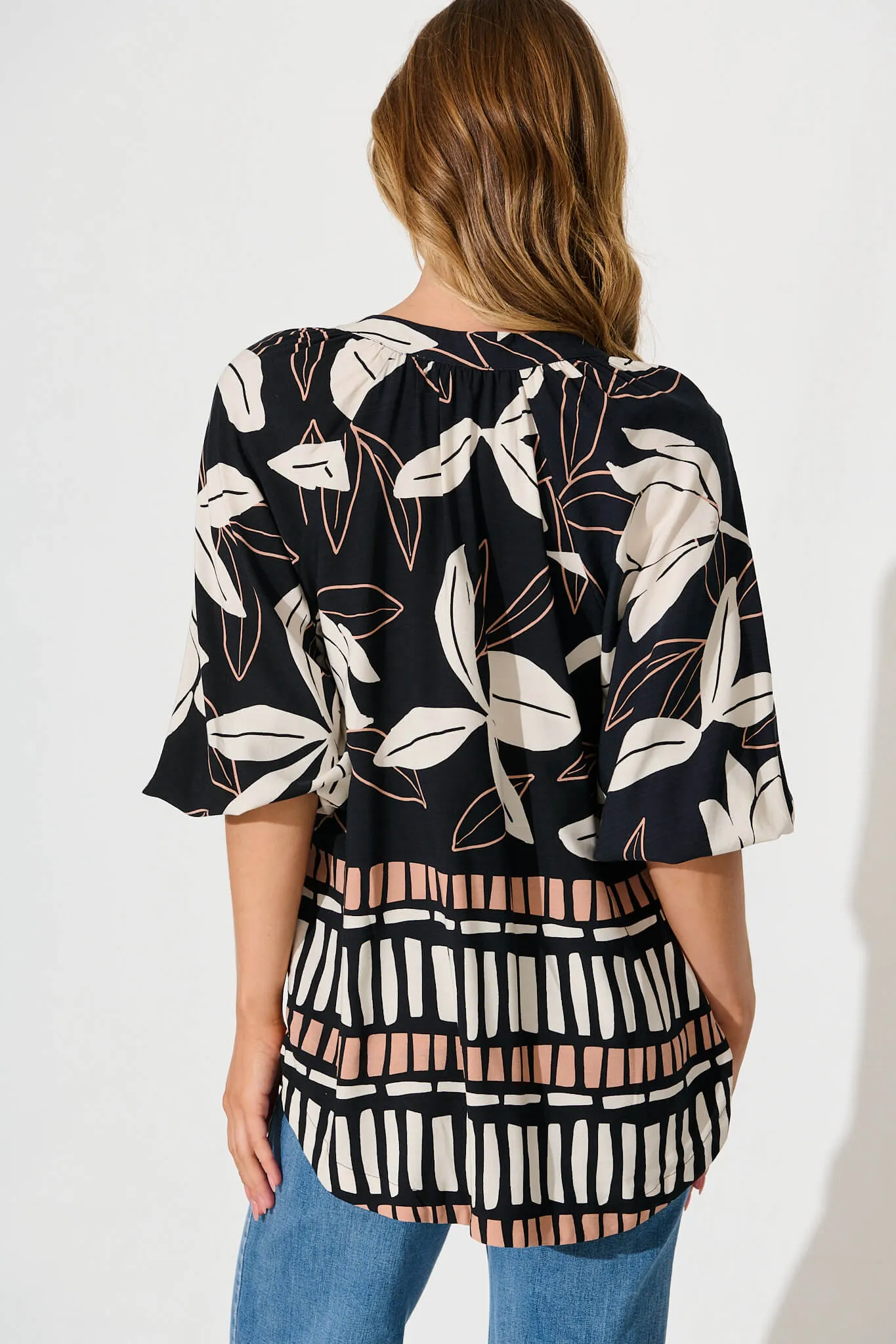 Heartbeat Top In Black With Cream And Brown Leaf Print sold by St Frock product image thumbnail 3