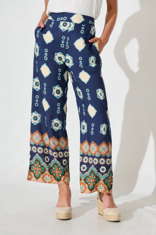 Windham Pant In Navy With Tan Boho Print sold by St Frock