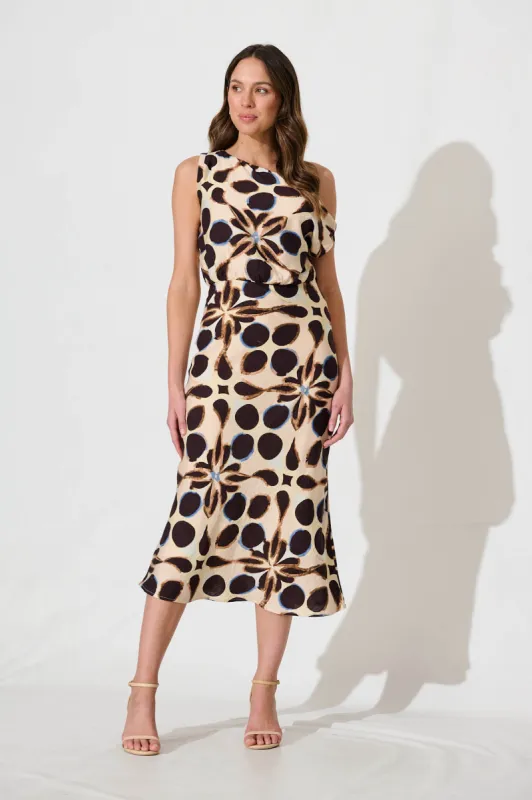 Georgiana Midi Dress in Beige with Multi Brown Spot sold by St Frock