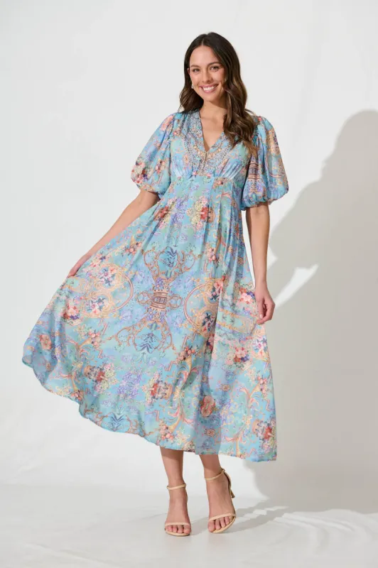 Dreamland Midi Dress In Blue Floral With Gemstones sold by St Frock