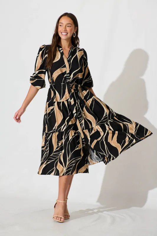 Vinnie Midi Dress In Black And Beige Leaf Cotton Blend sold by St Frock