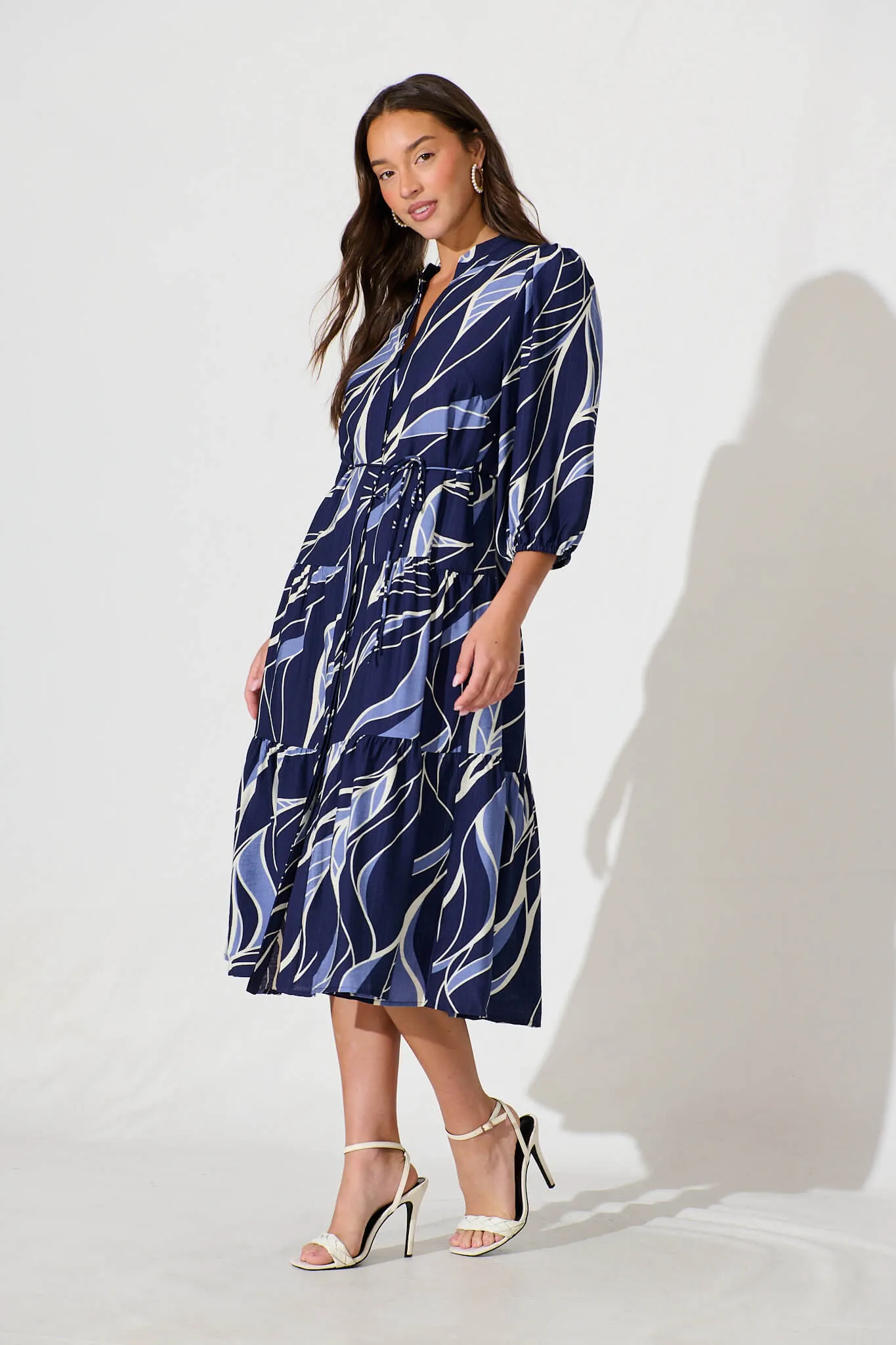 Vinnie Midi Dress In Navy And Blue Leaf Cotton Blend sold by St Frock product image thumbnail 3