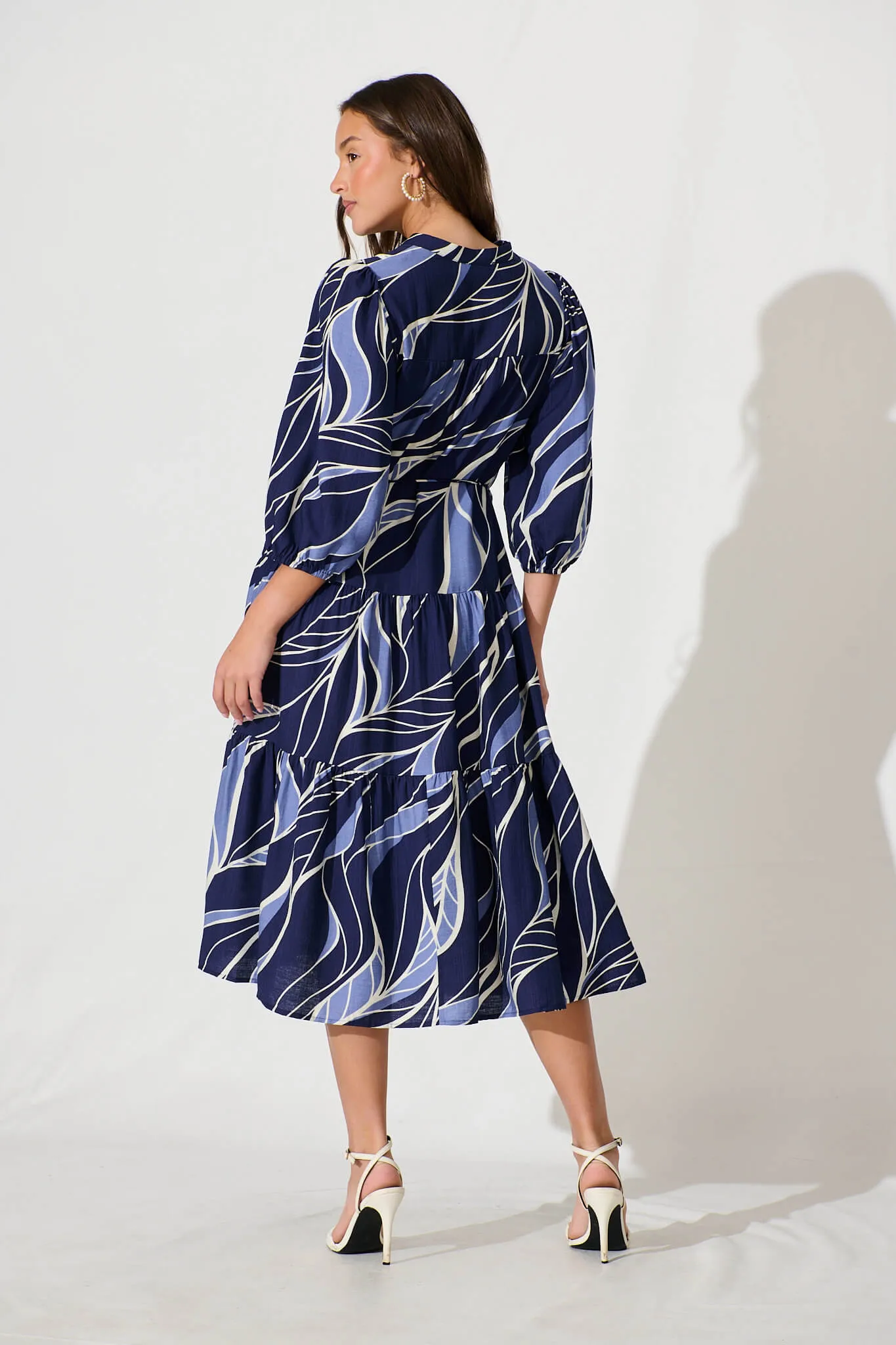 Vinnie Midi Dress In Navy And Blue Leaf Cotton Blend sold by St Frock product image thumbnail 4