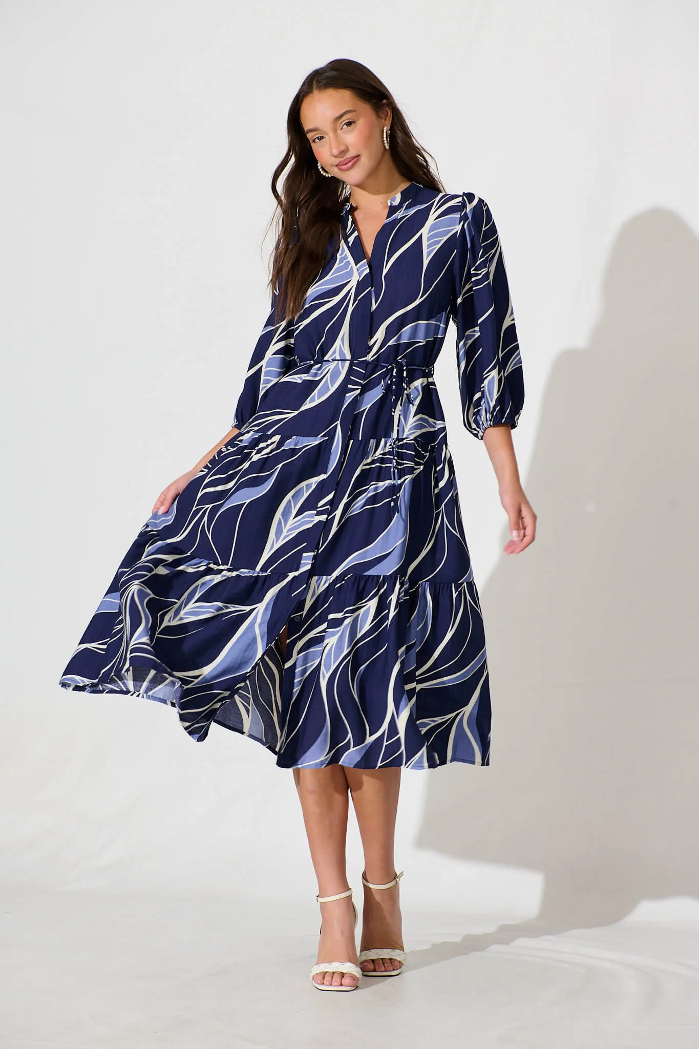 Vinnie Midi Dress In Navy And Blue Leaf Cotton Blend sold by St Frock