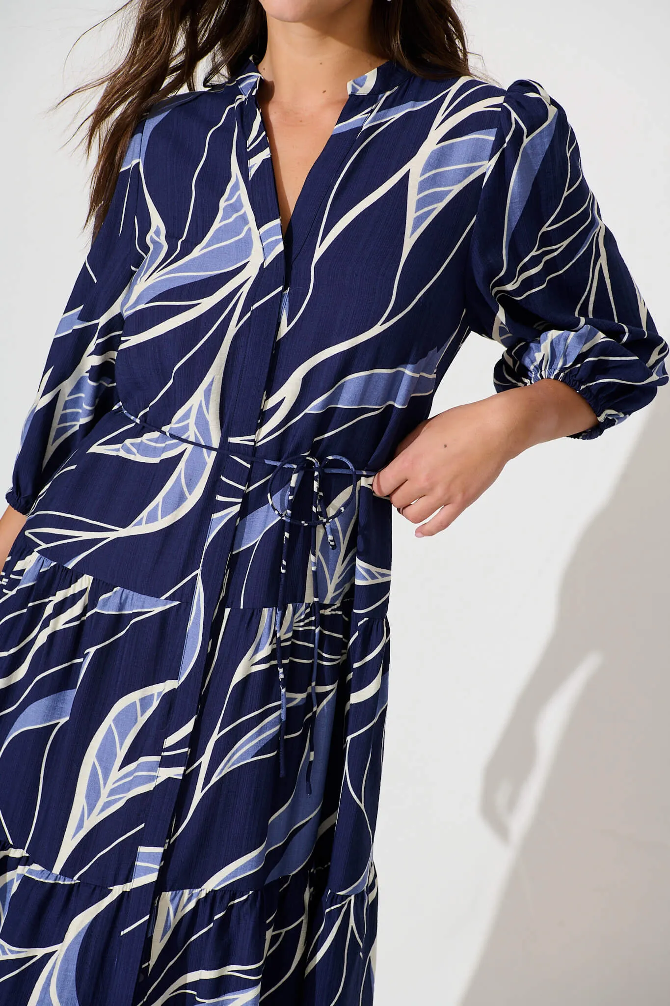Vinnie Midi Dress In Navy And Blue Leaf Cotton Blend sold by St Frock product image thumbnail 5