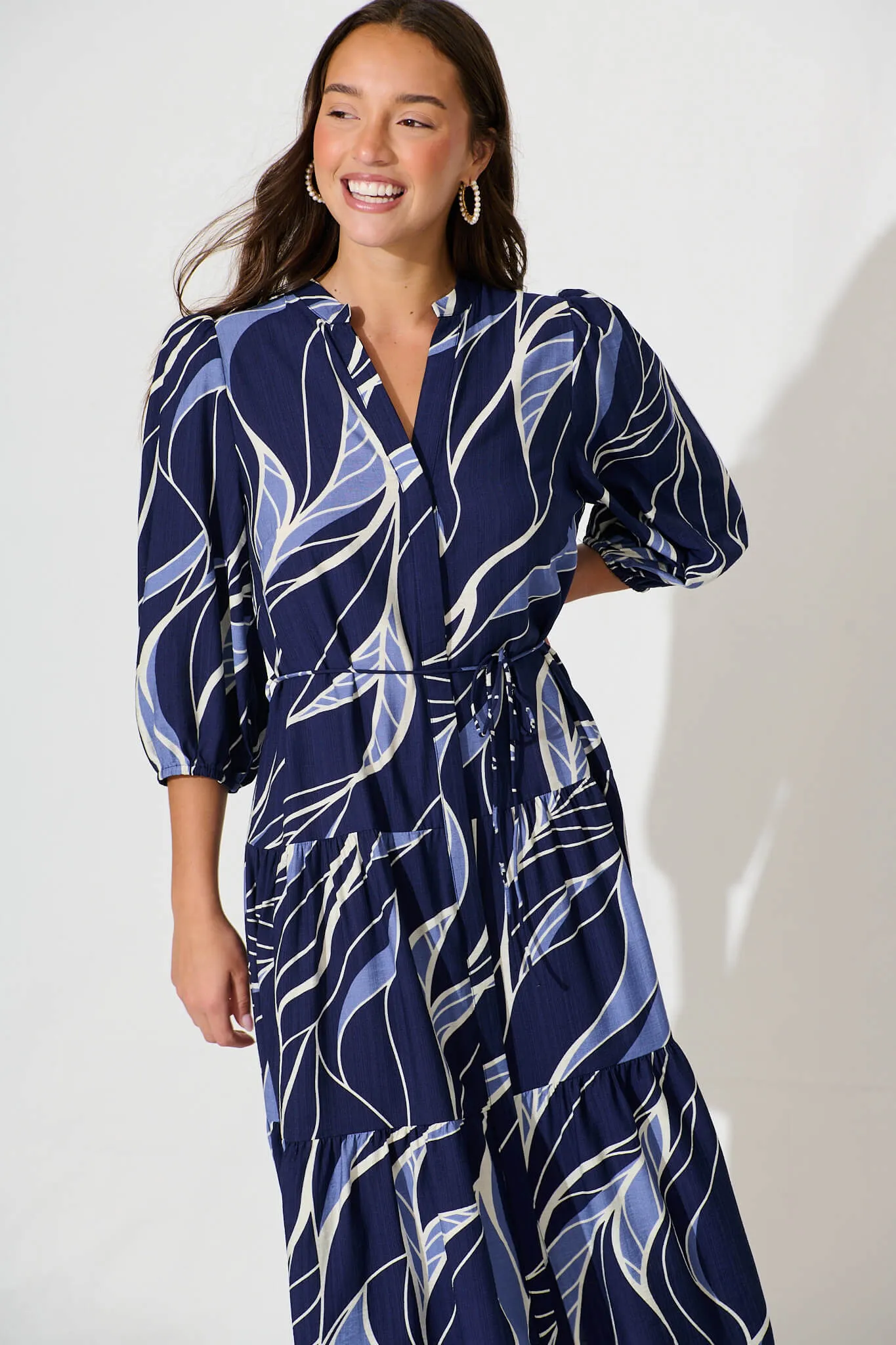 Vinnie Midi Dress In Navy And Blue Leaf Cotton Blend sold by St Frock product image thumbnail 2