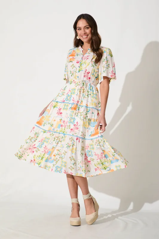 Posie Midi Dress In Bright Multi Print Linen Blend sold by St Frock