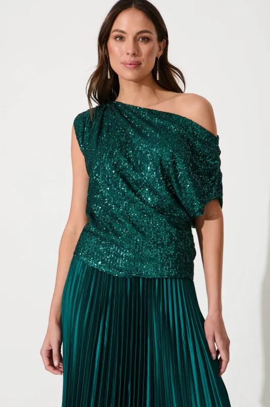 Liana Off Shoulder Top In Emerald Sequin sold by St Frock