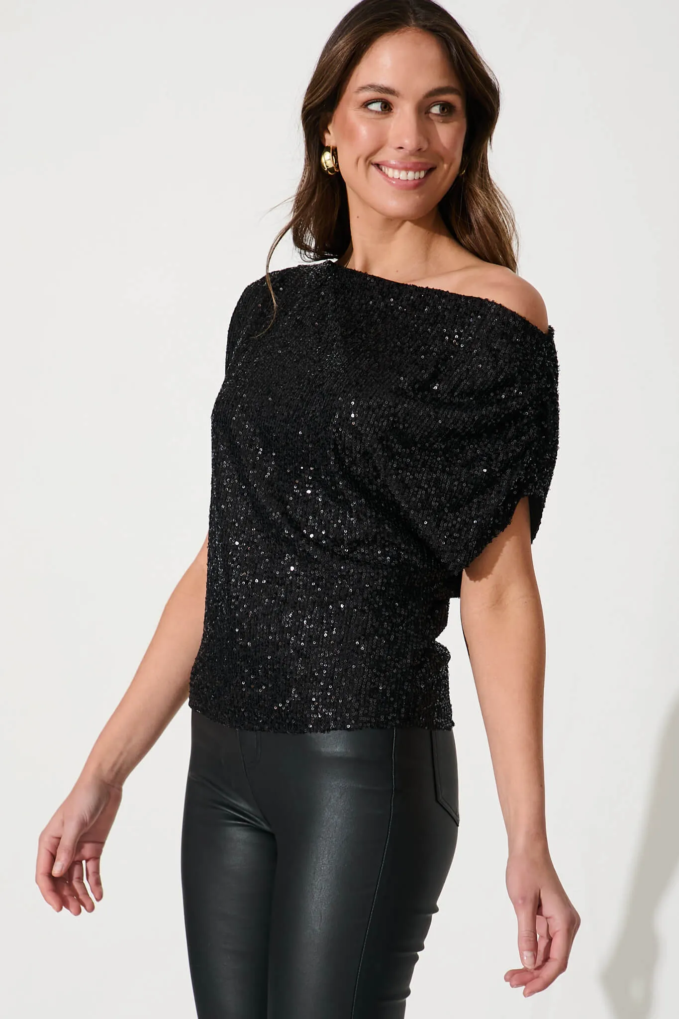 Liana Off Shoulder Top in Black Sequin sold by St Frock product image thumbnail 2