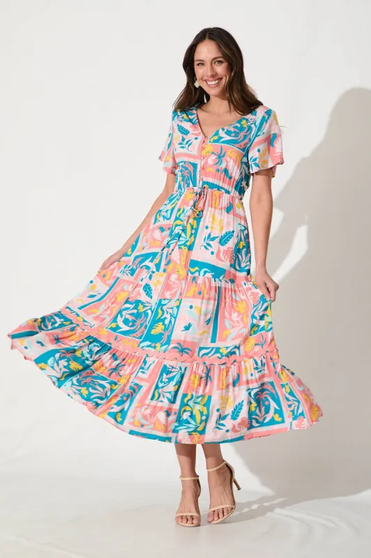 Yara Maxi Dress In Blue Multi Print With Pink Ric Rac Trim sold by St Frock