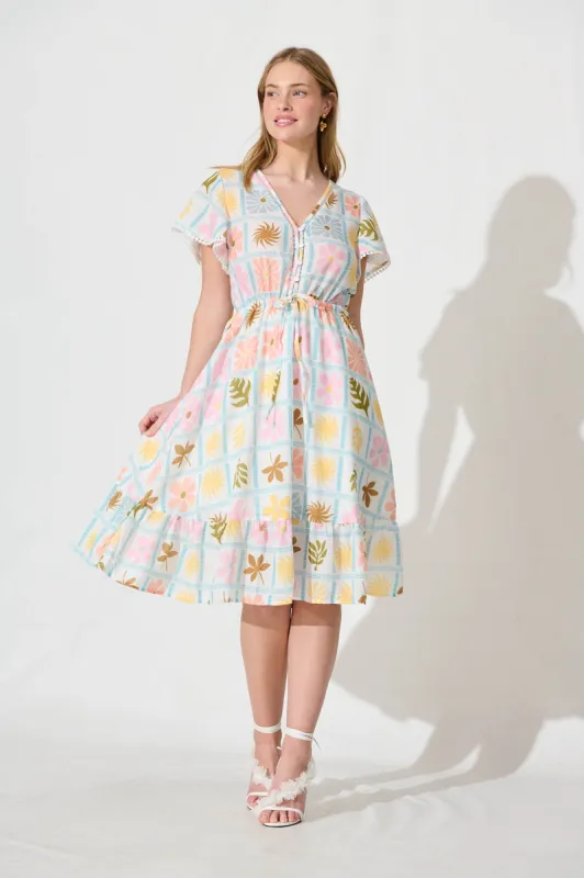 Blossomvale Midi Dress In Pastel Multi Print Linen Blend sold by St Frock