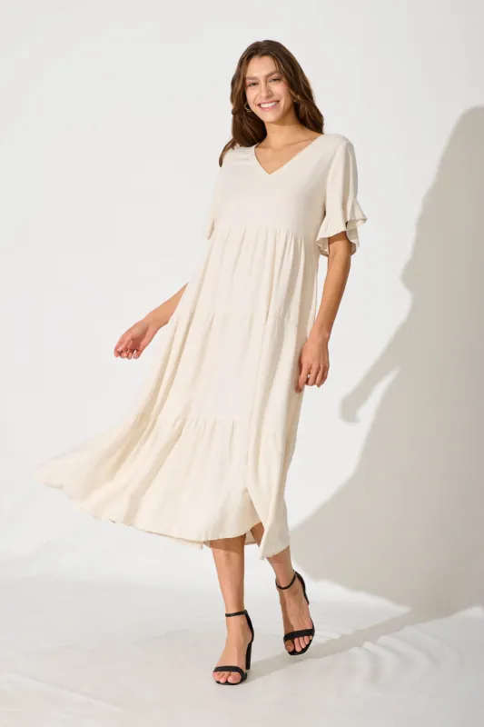 Kristen Midi Smock Dress In Oatmeal Linen Blend sold by St Frock