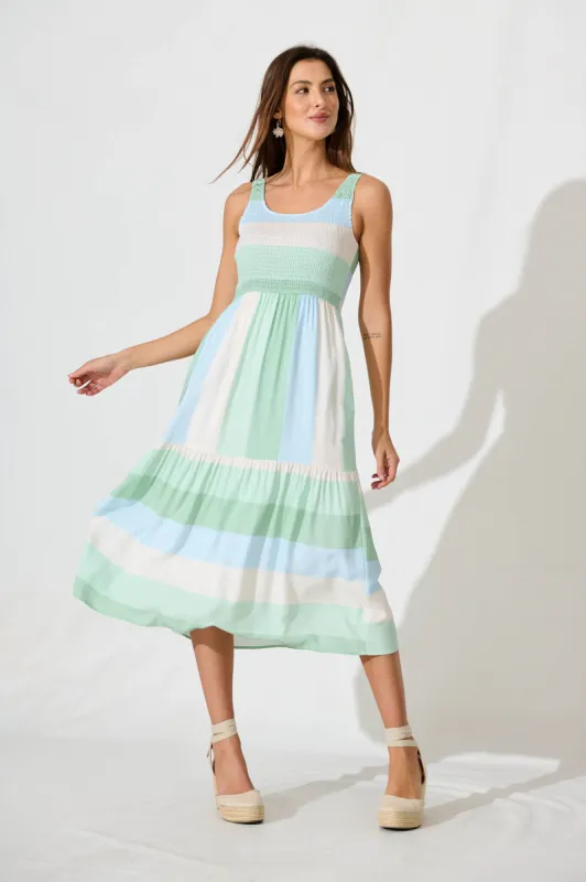 Caribbean Midi Dress In Green With Blue Linen Blend sold by St Frock