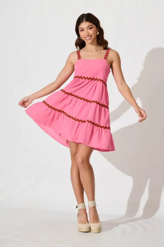 Sara Sundress In Pink With Red Ric Rac Trim Cotton sold by St Frock