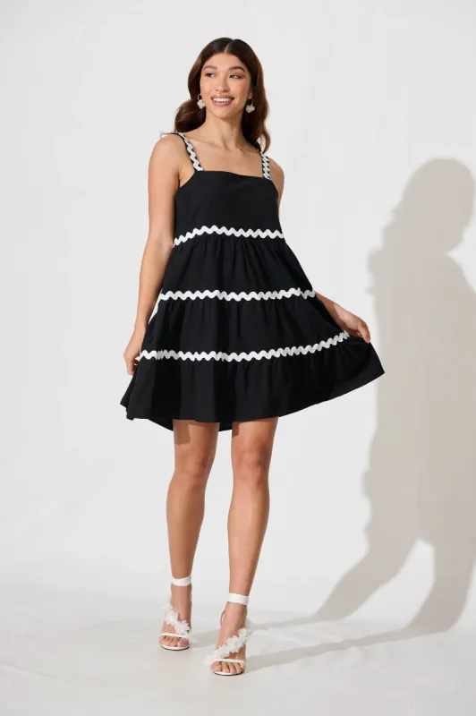 Sara Sundress In Black With White Ric Rac Trim Cotton sold by St Frock