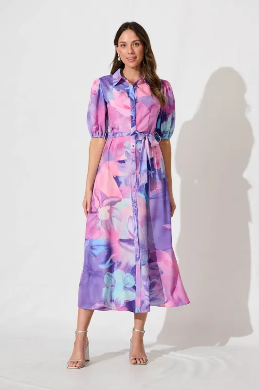 Gabriela Maxi Shirt Dress In Pink With Purple Floral sold by St Frock