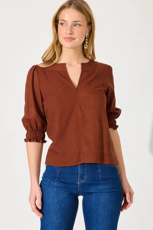 Tiana Top In Chocolate Cotton Linen sold by St Frock