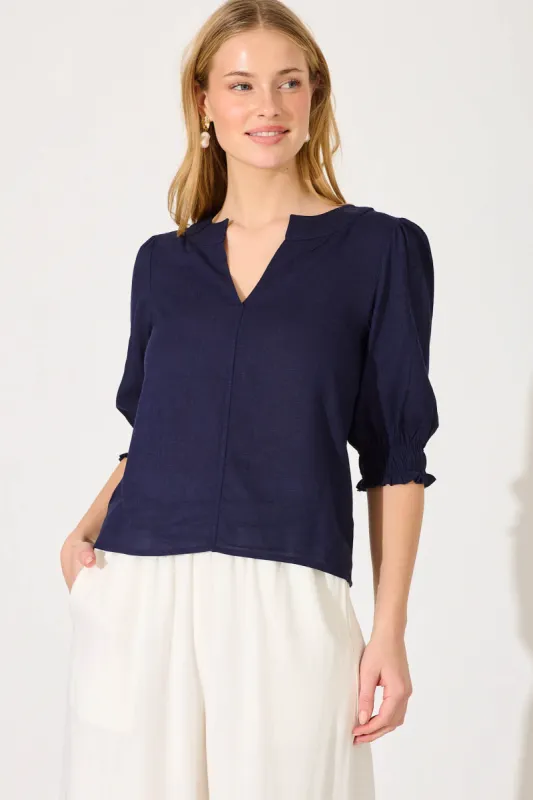 Tiana Top In Navy Cotton Linen sold by St Frock