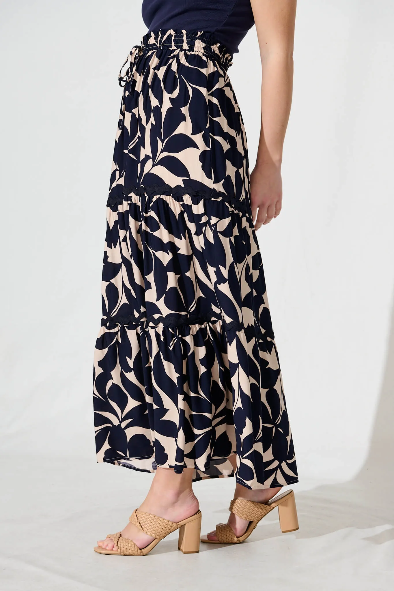 Arcadia Maxi Skirt In Navy Leaf With Ric Rac Trim sold by St Frock product image thumbnail 2