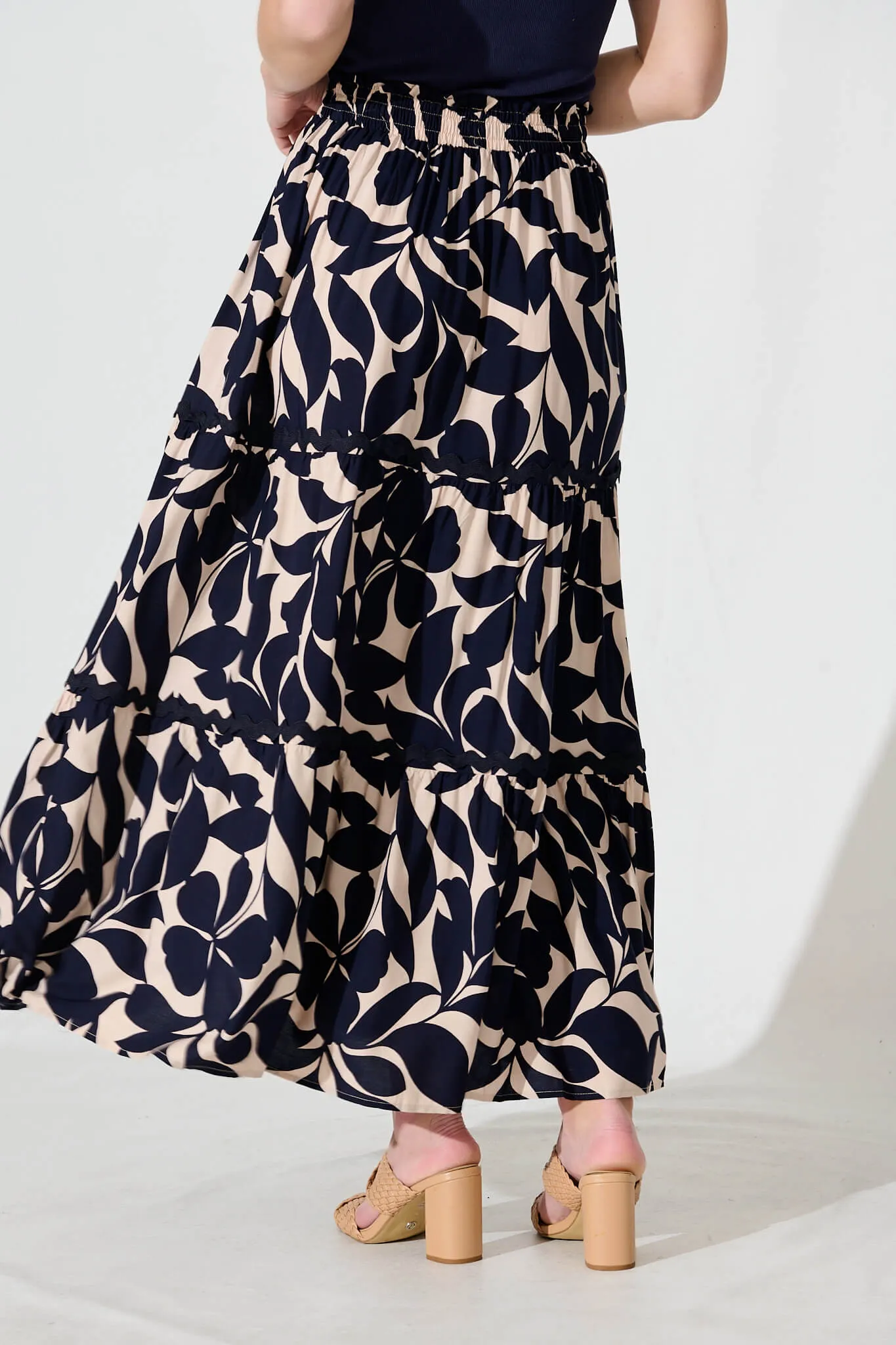 Arcadia Maxi Skirt In Navy Leaf With Ric Rac Trim sold by St Frock product image thumbnail 3