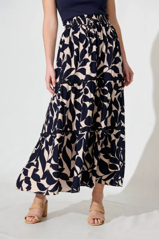 Arcadia Maxi Skirt In Navy Leaf With Ric Rac Trim sold by St Frock