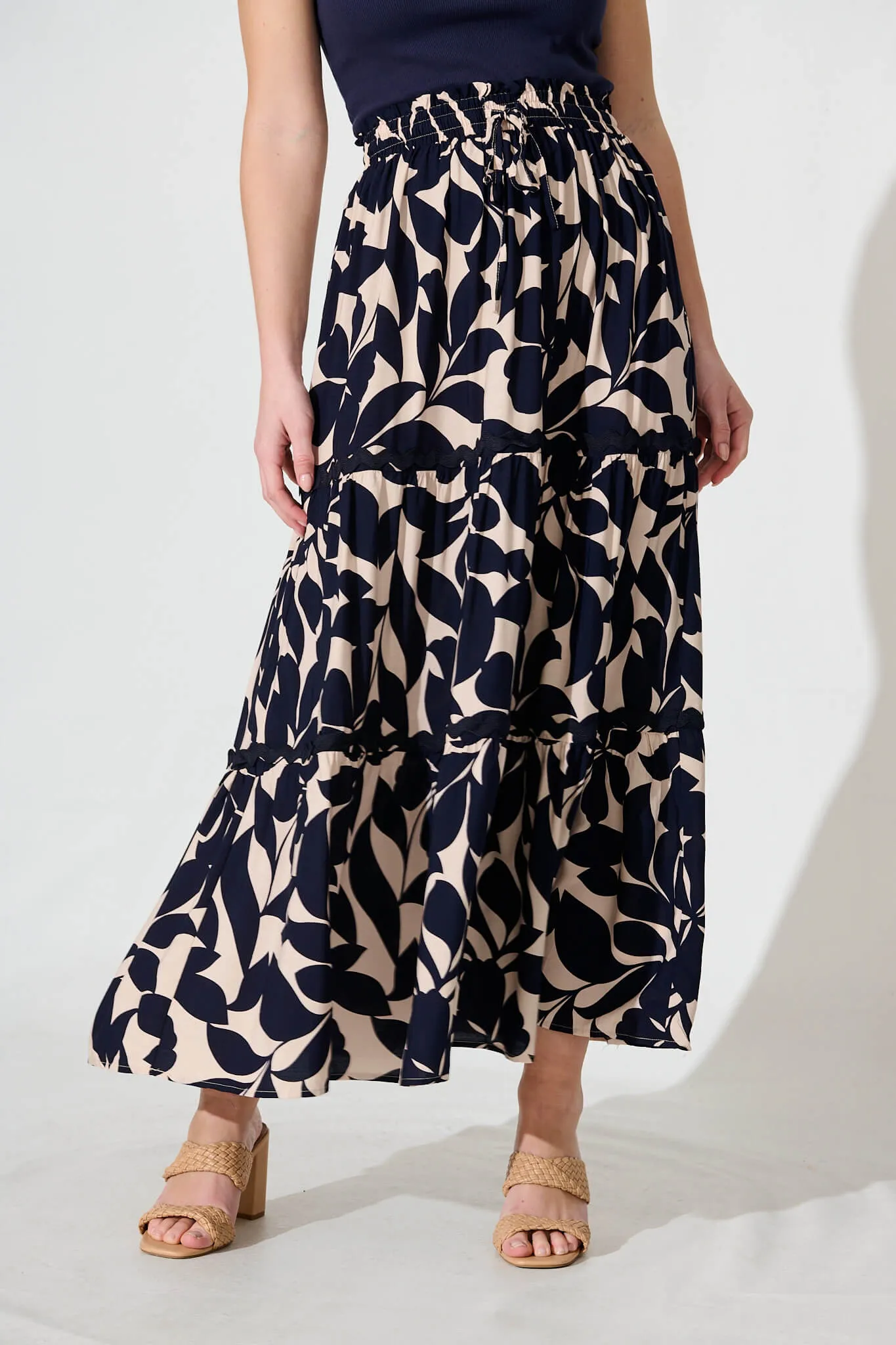 Arcadia Maxi Skirt In Navy Leaf With Ric Rac Trim sold by St Frock