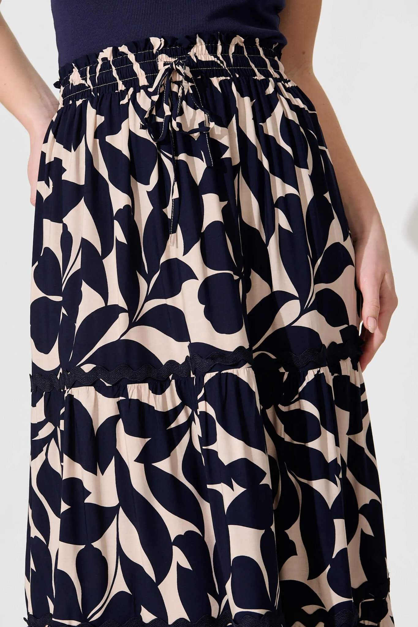 Arcadia Maxi Skirt In Navy Leaf With Ric Rac Trim sold by St Frock product image thumbnail 5