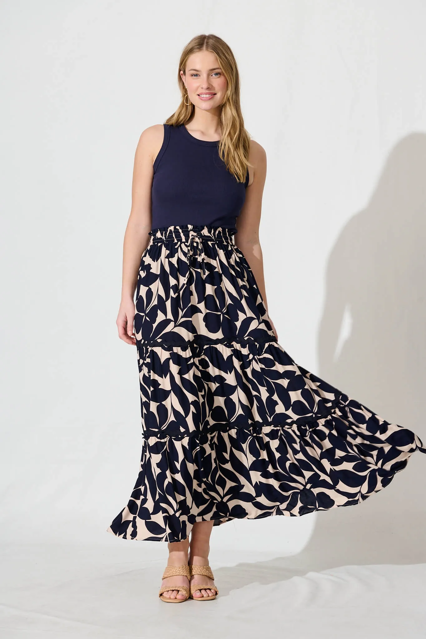 Arcadia Maxi Skirt In Navy Leaf With Ric Rac Trim sold by St Frock product image thumbnail 4