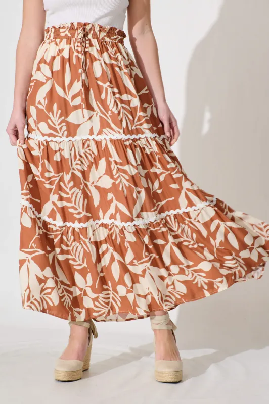 Arcadia Maxi Skirt In Brown Leaf With White Ric Rac Trim sold by St Frock