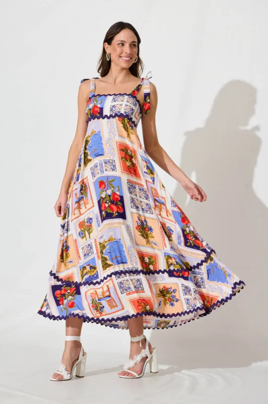 Somerset Maxi Sundress In White Multi Postcard Ric Rac Trim sold by St Frock