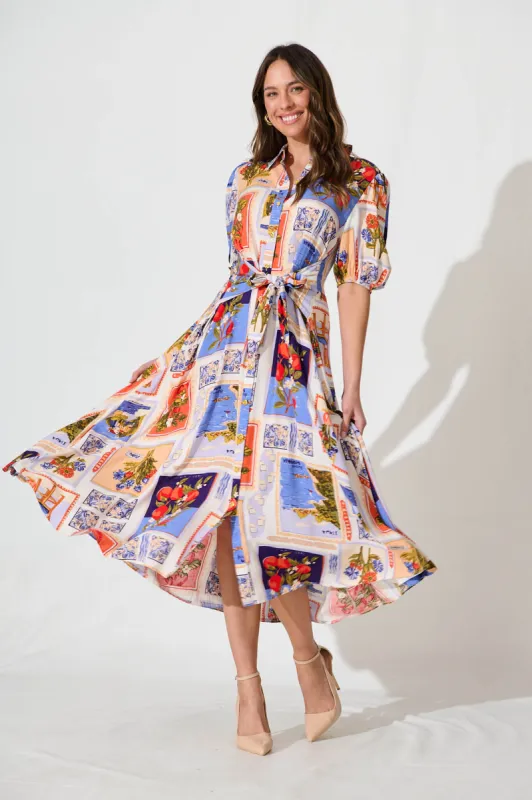 Bella Maxi Shirt Dress In White Multi Postcard Print sold by St Frock
