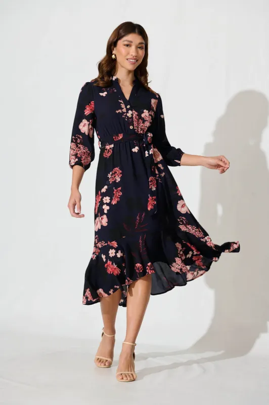 Jemimah Midi Dress In Navy With Pink And Blush Floral sold by St Frock