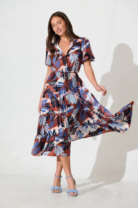 Sienna Midi Dress In Chocolate With Blue Multi Print Satin sold by St Frock