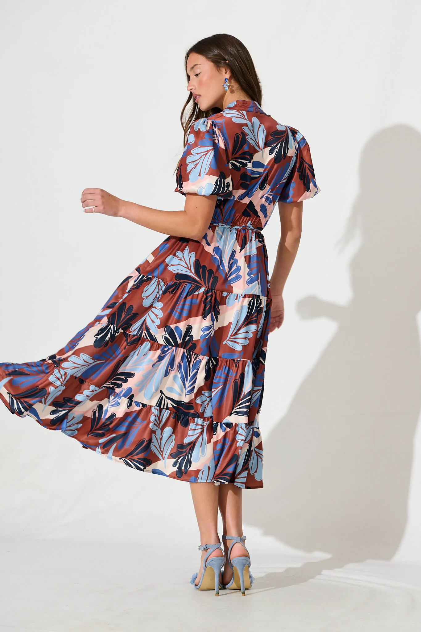 Sienna Midi Dress In Chocolate With Blue Multi Print Satin sold by St Frock product image thumbnail 4