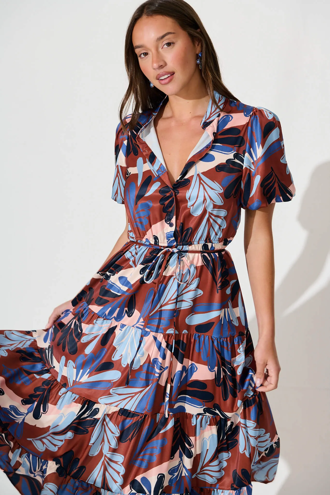 Sienna Midi Dress In Chocolate With Blue Multi Print Satin sold by St Frock product image thumbnail 2
