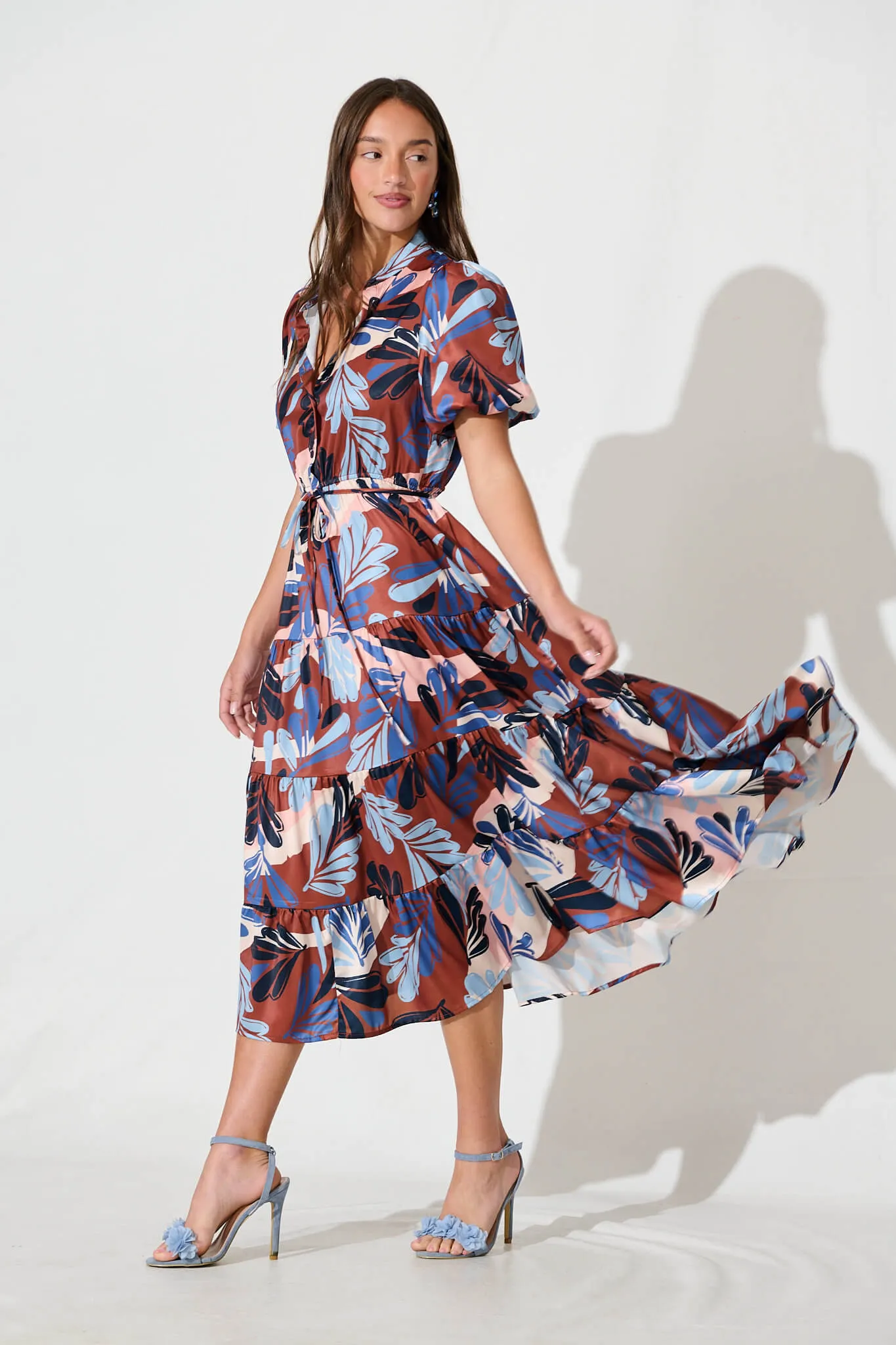 Sienna Midi Dress In Chocolate With Blue Multi Print Satin sold by St Frock product image thumbnail 3