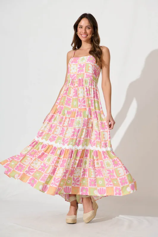 Love And Roses Maxi Sundress In Pink Multi With Ric Rac Trim sold by St Frock