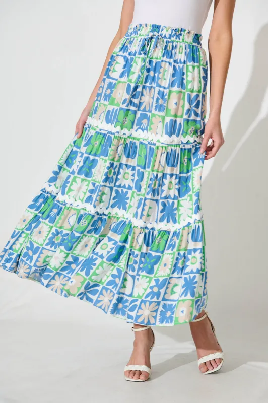 Freedom Maxi Skirt In Blue Print With White Ric Rac Trim sold by St Frock