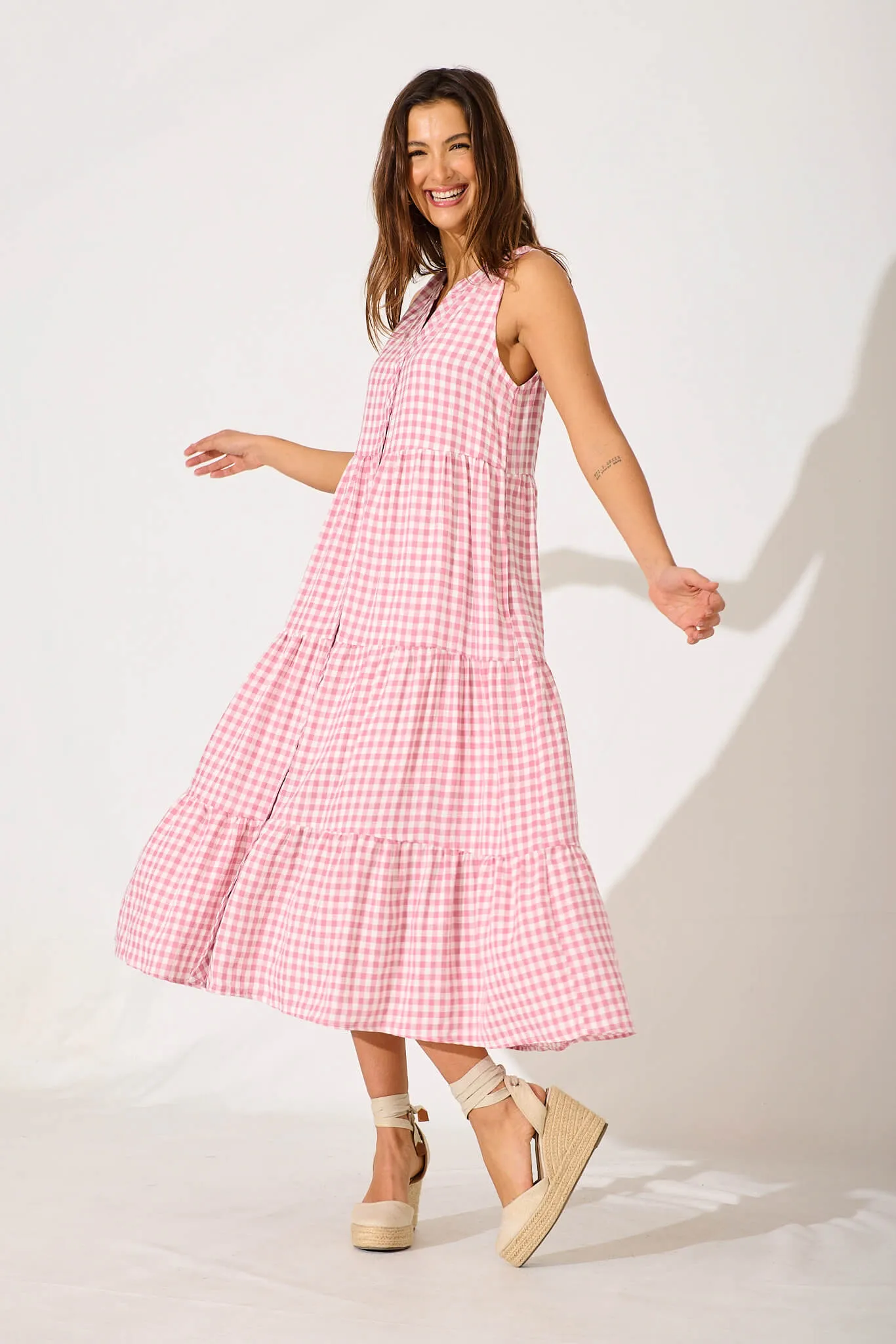 Jolly Midi Smock Dress In Pink Gingham Check Cotton Blend sold by St Frock
