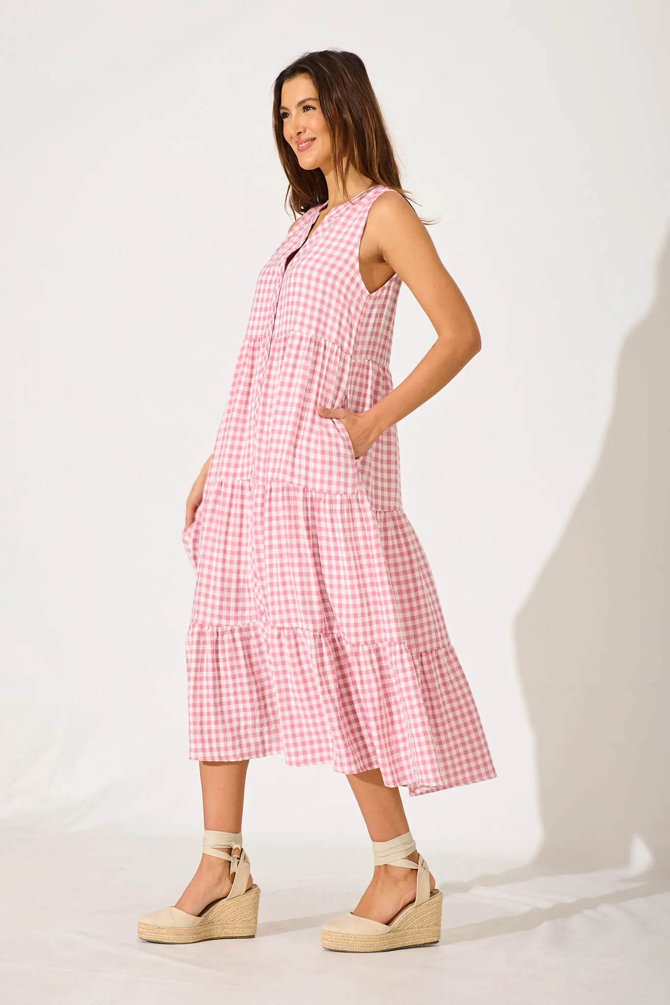 Jolly Midi Smock Dress In Pink Gingham Check Cotton Blend sold by St Frock product image thumbnail 3