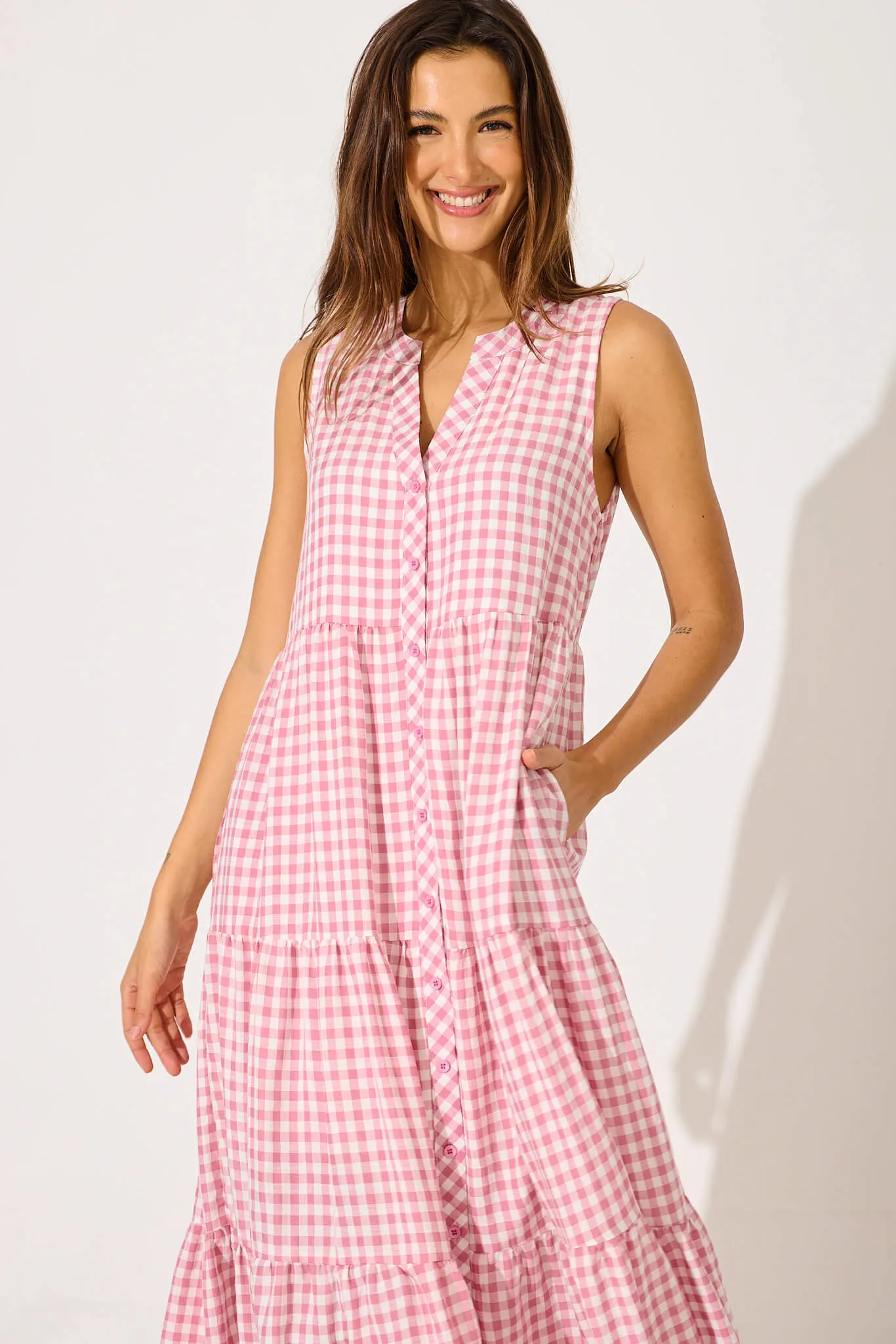 Jolly Midi Smock Dress In Pink Gingham Check Cotton Blend sold by St Frock product image thumbnail 2