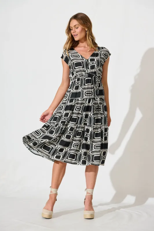 Dixie Midi Dress In Black And Cream Geometric sold by St Frock