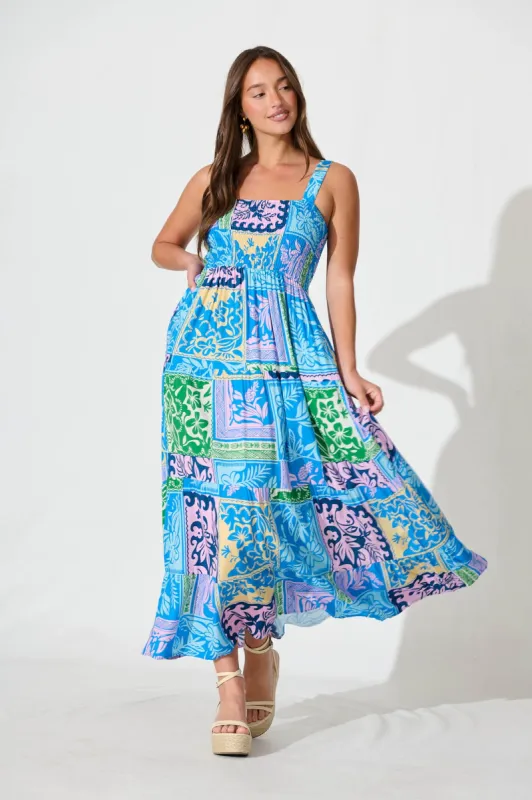 Panola Maxi Sundress In Blue With Multi Tile Print sold by St Frock