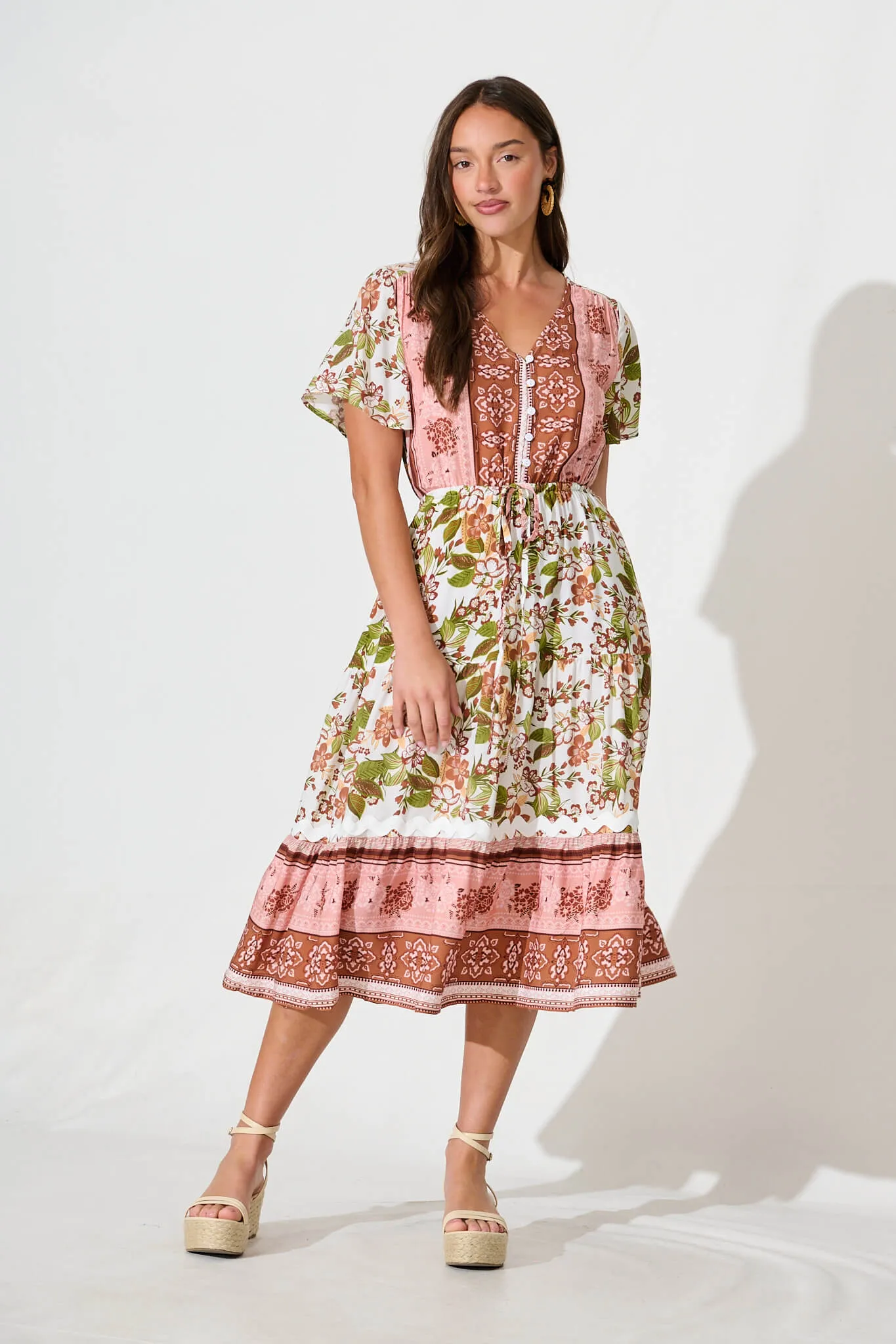 Joplin Midi Dress In Multi Boho Print With Ric Rac Trim sold by St Frock